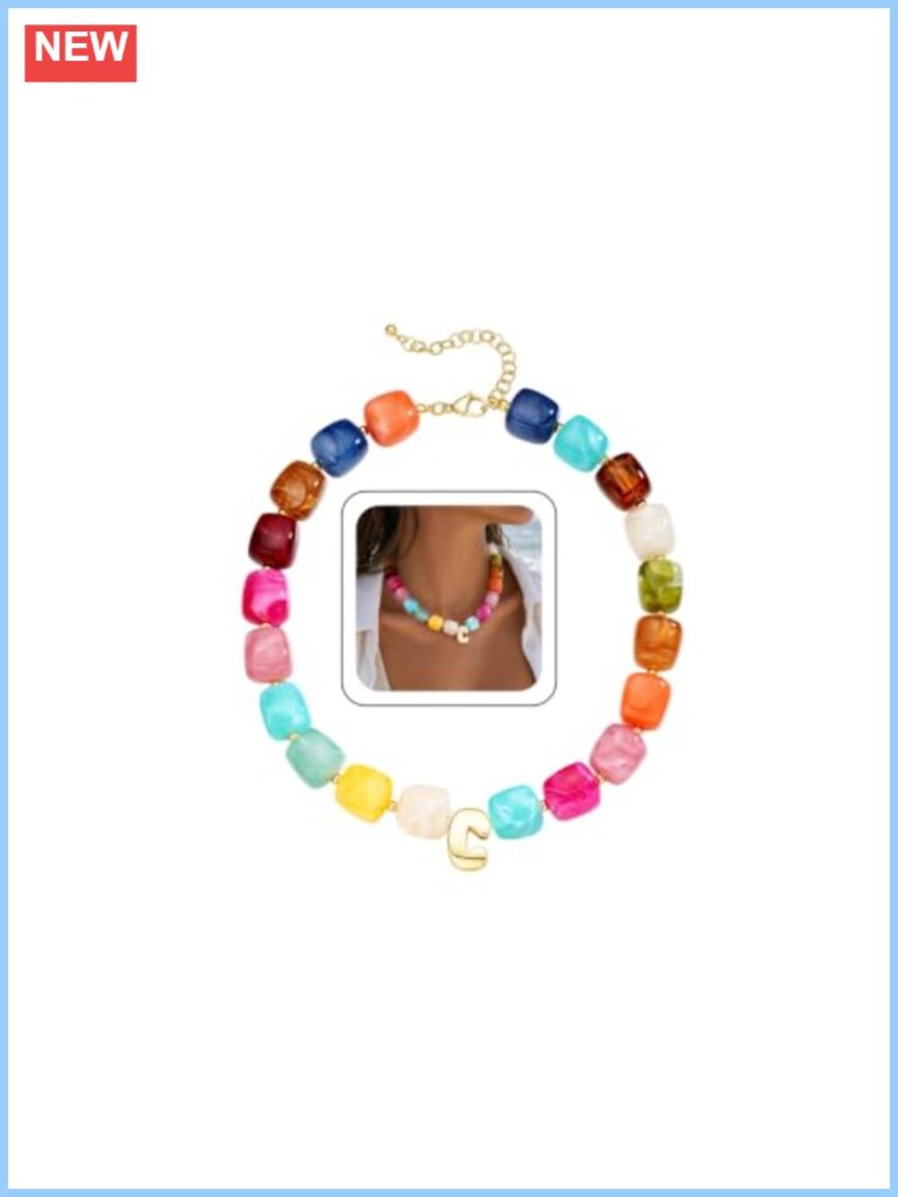 Chunky Resin Beaded Initial Necklace, Boho Summer Statement Jewelry